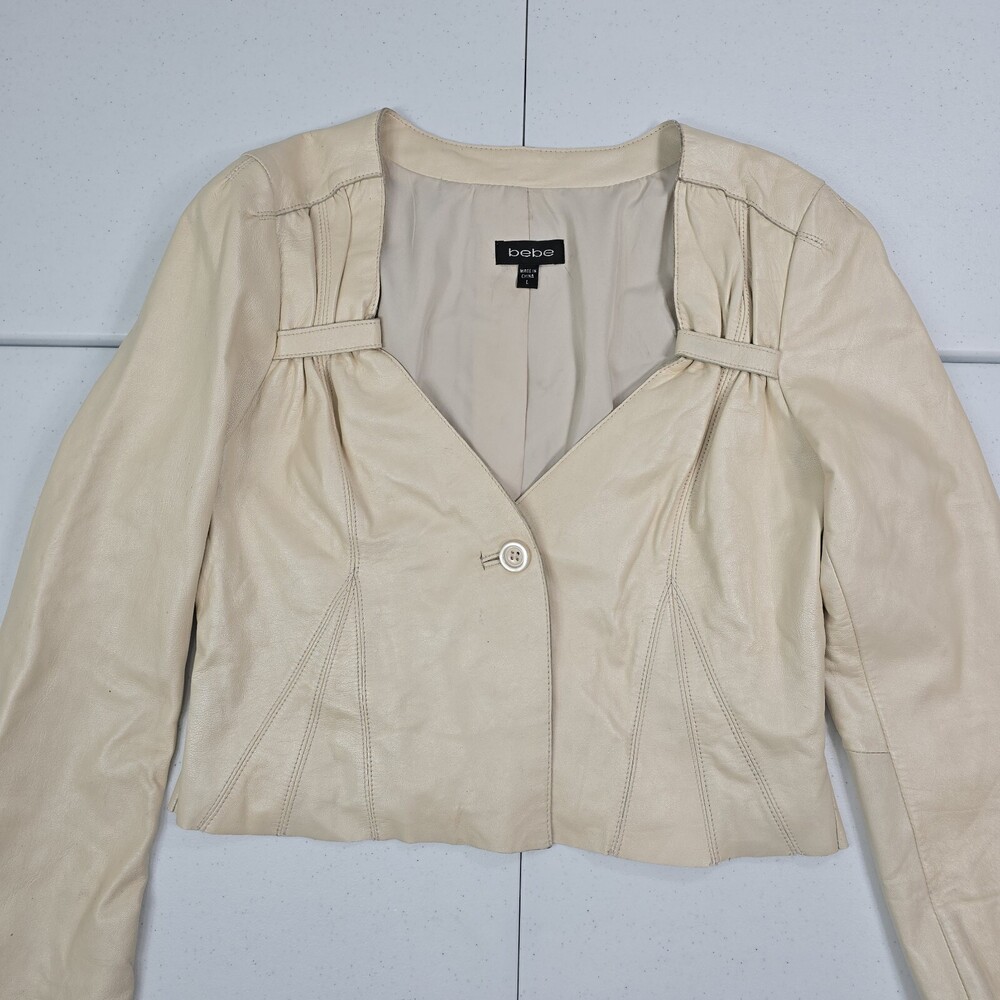 Vintage Bebe Women L Cream Soft Real Leather Cropped Short Jacket Floral Print